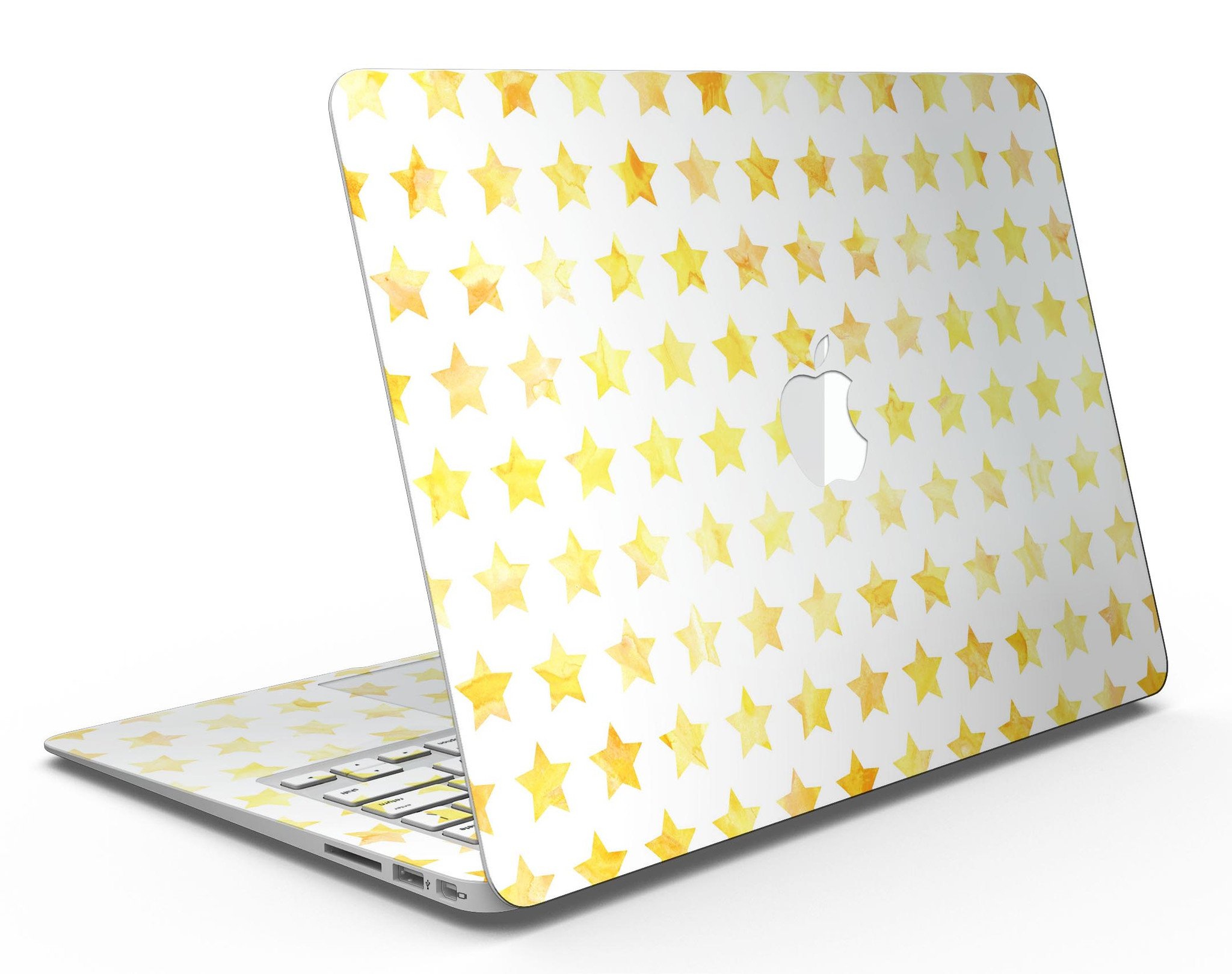 Gold Watercolor Stars MacBook Air Skin Kit showcasing a vibrant star design on a sleek laptop surface.