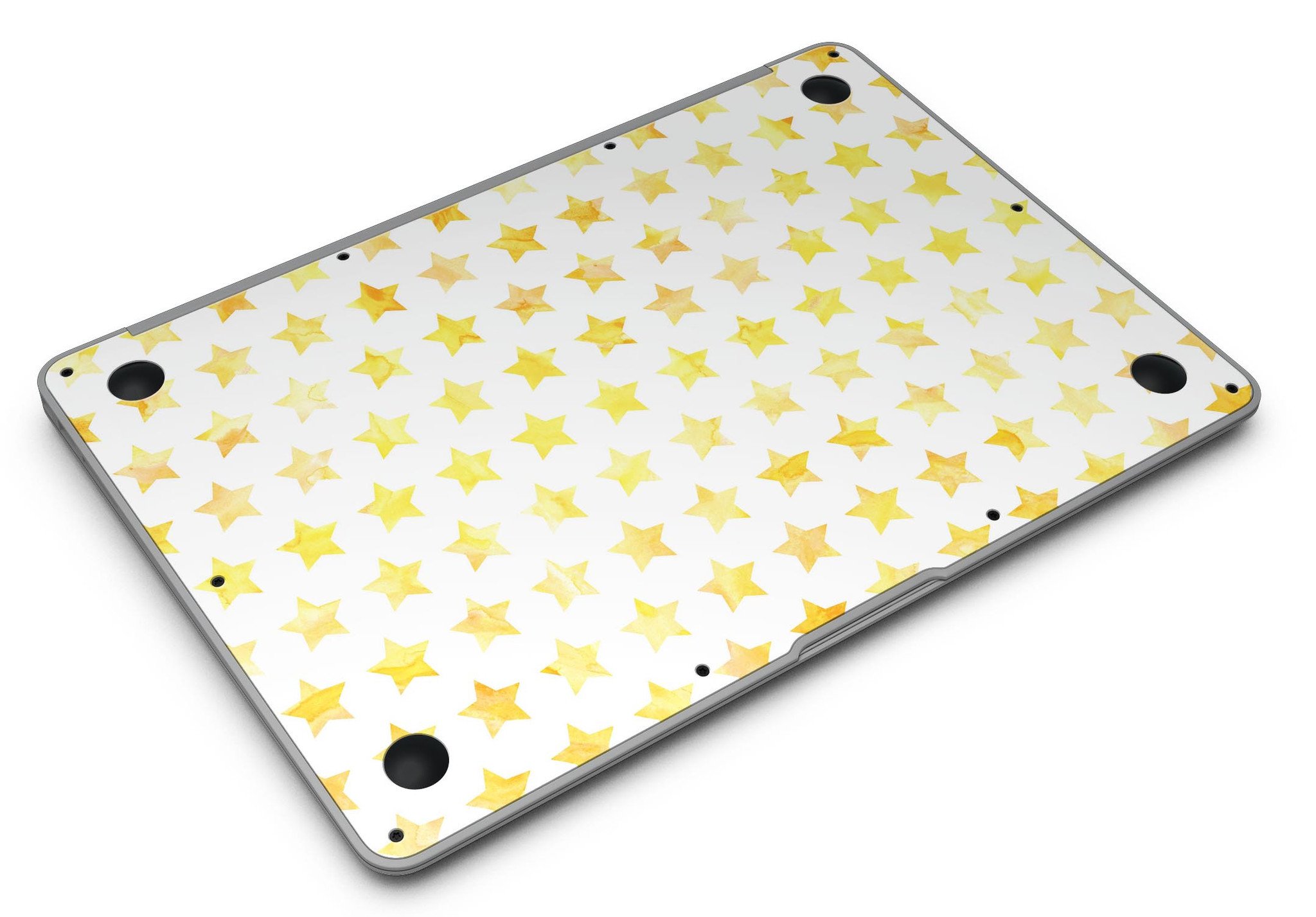 Gold Watercolor Stars MacBook Air Skin Kit showcasing a vibrant star design on a sleek laptop surface.