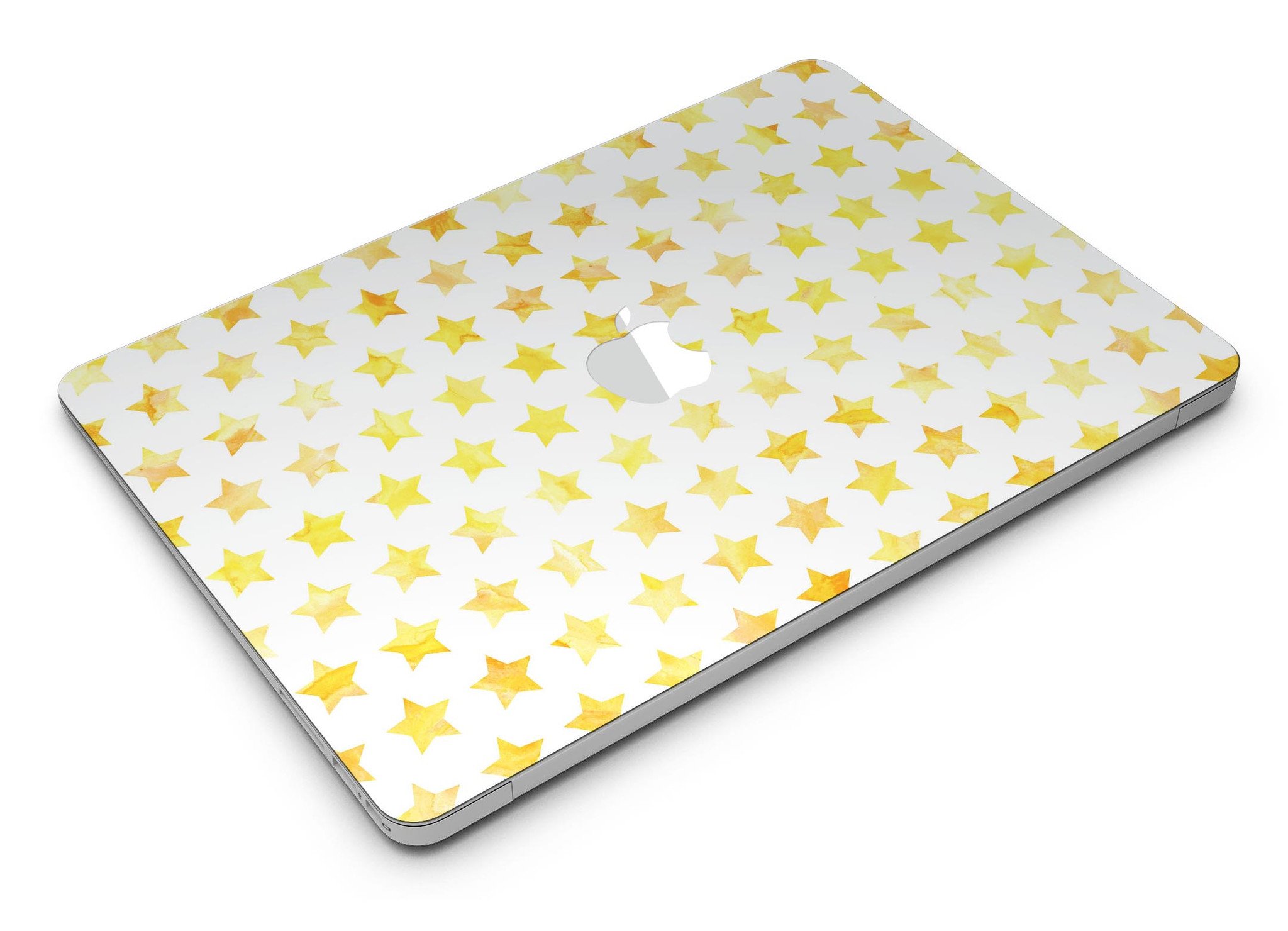 Gold Watercolor Stars MacBook Air Skin Kit showcasing a vibrant star design on a sleek laptop surface.