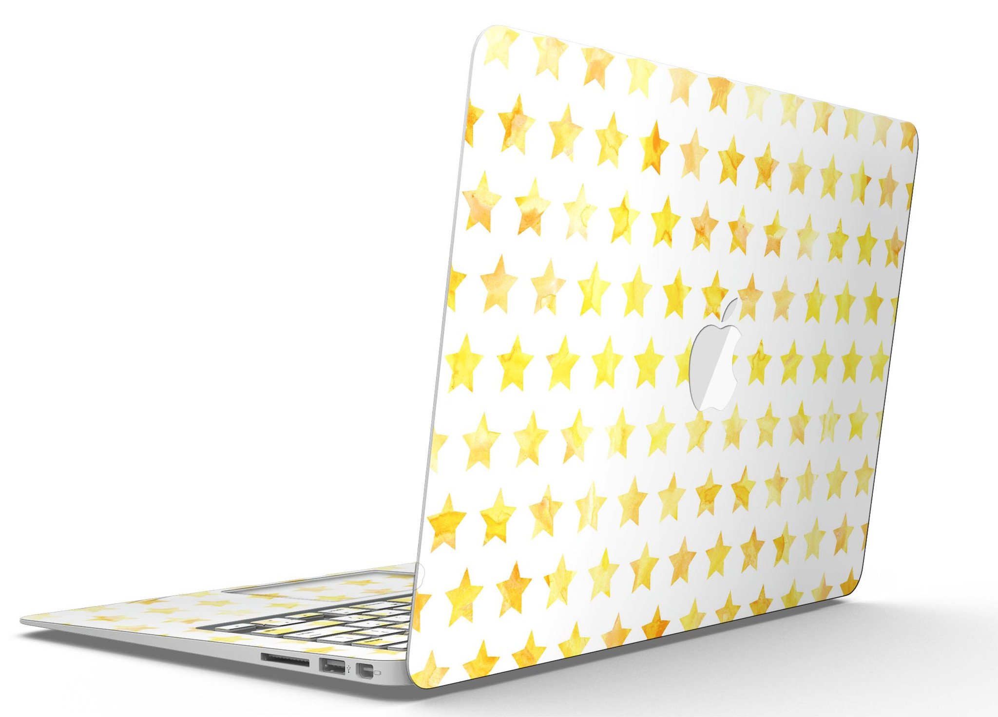 Gold Watercolor Stars MacBook Air Skin Kit showcasing a vibrant star design on a sleek laptop surface.