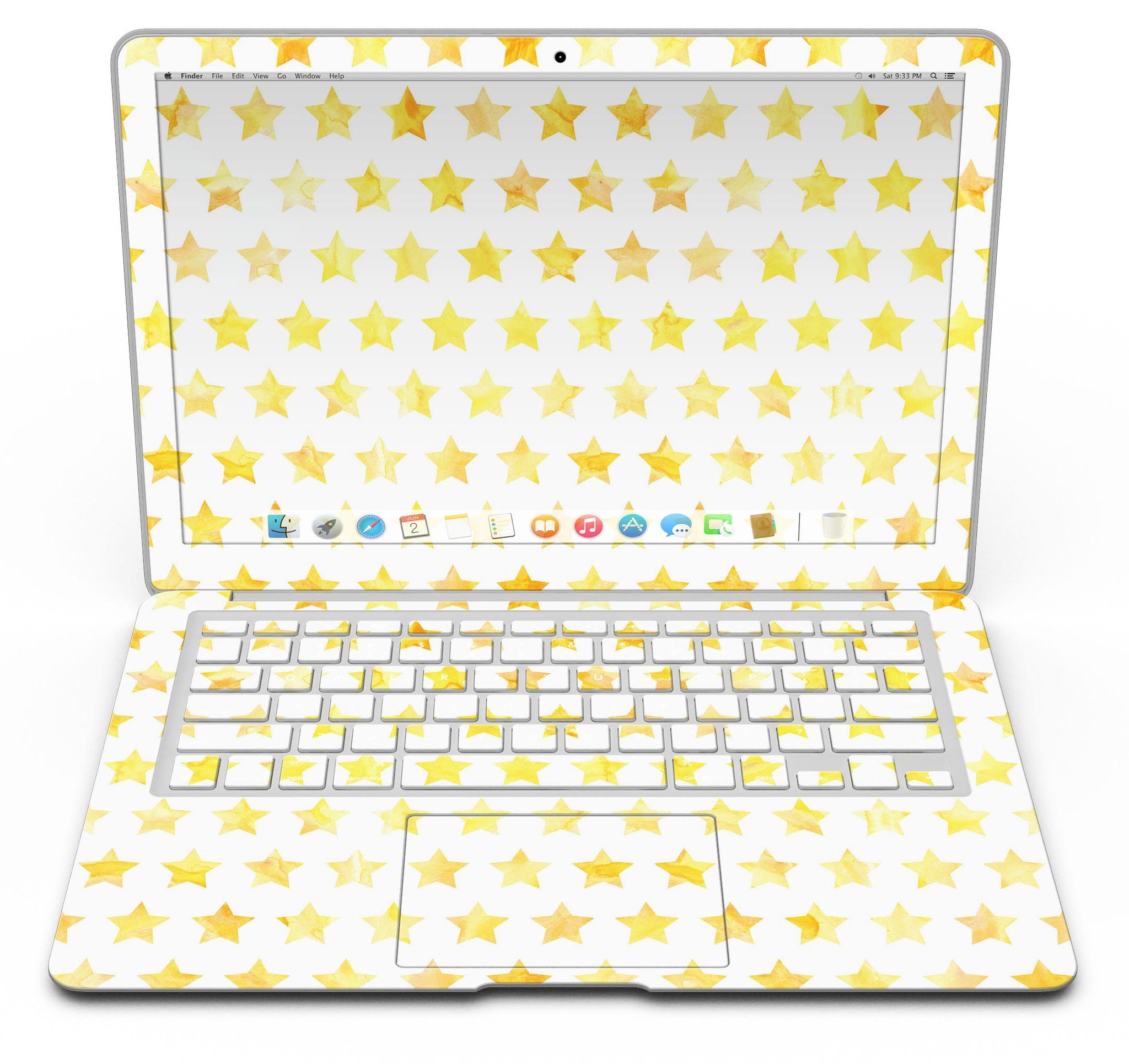 Gold Watercolor Stars MacBook Air Skin Kit showcasing a vibrant star design on a sleek laptop surface.