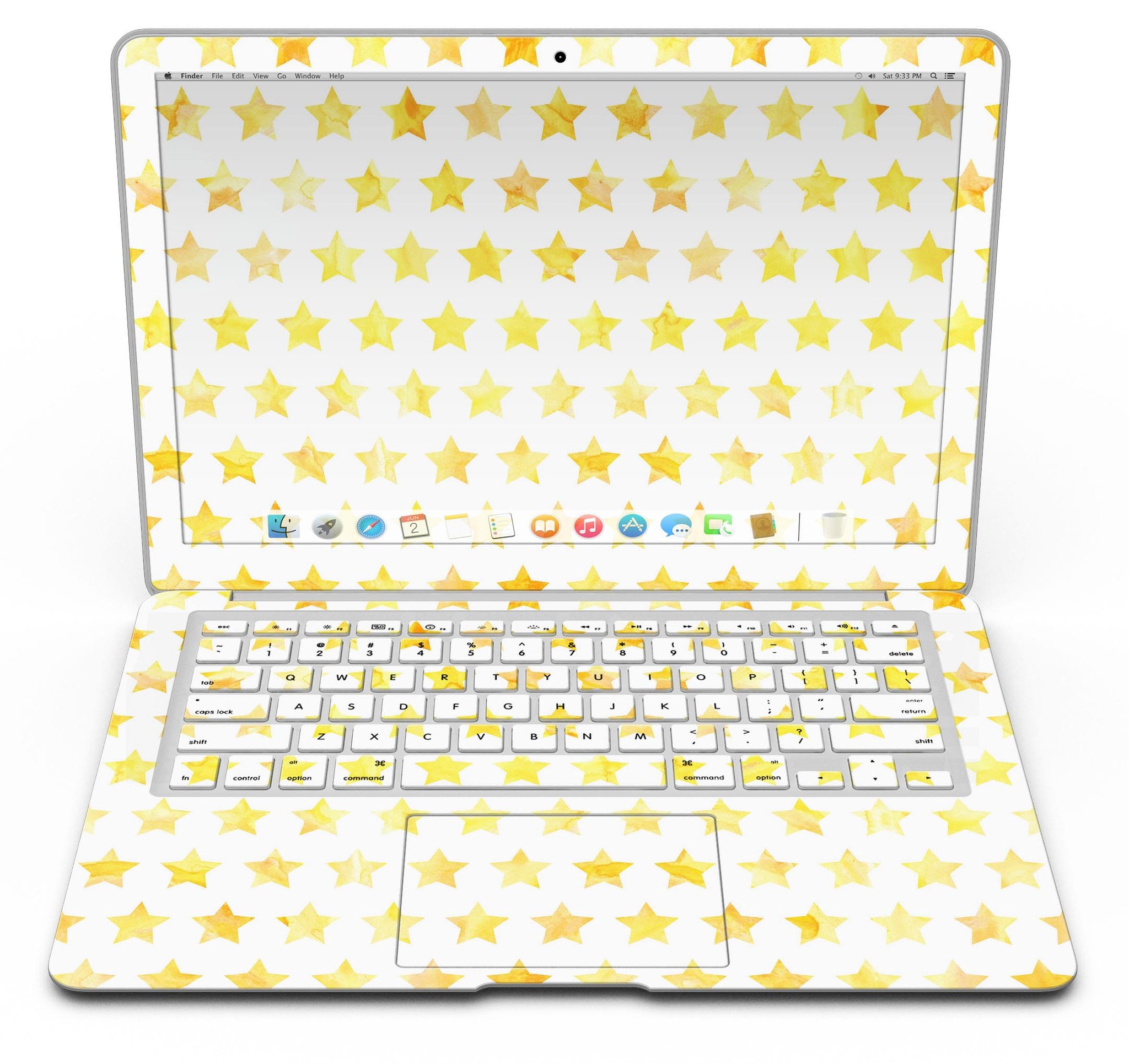 Gold Watercolor Stars MacBook Air Skin Kit showcasing a vibrant star design on a sleek laptop surface.