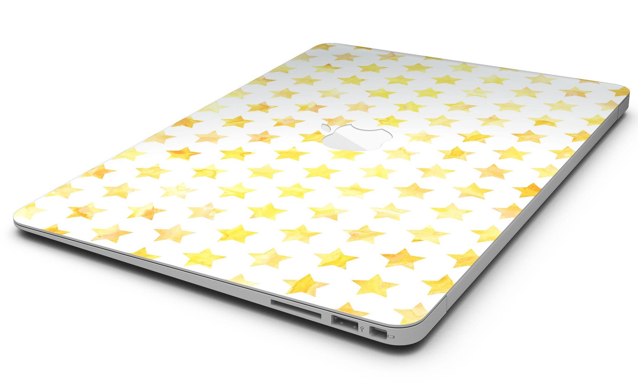 Gold Watercolor Stars MacBook Air Skin Kit showcasing a vibrant star design on a sleek laptop surface.