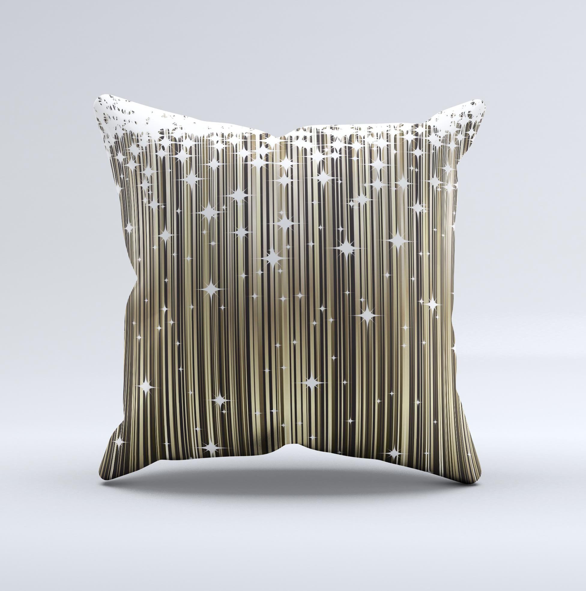 Gold and white decorative throw pillow with shimmer strips, handcrafted in Virginia, showcasing unique design and high-quality fabric.