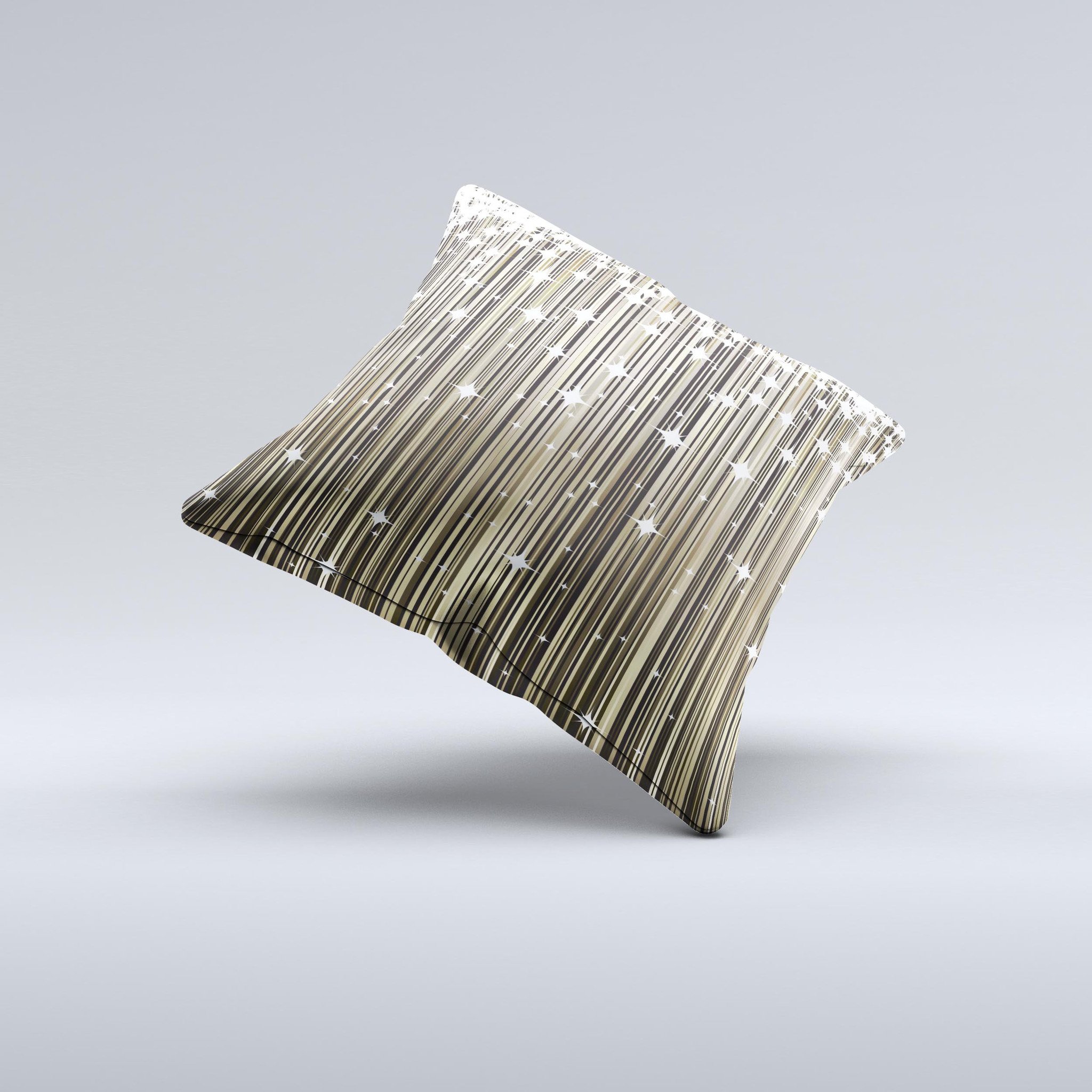 Gold and white decorative throw pillow with shimmer strips, handcrafted in Virginia, showcasing unique design and high-quality fabric.