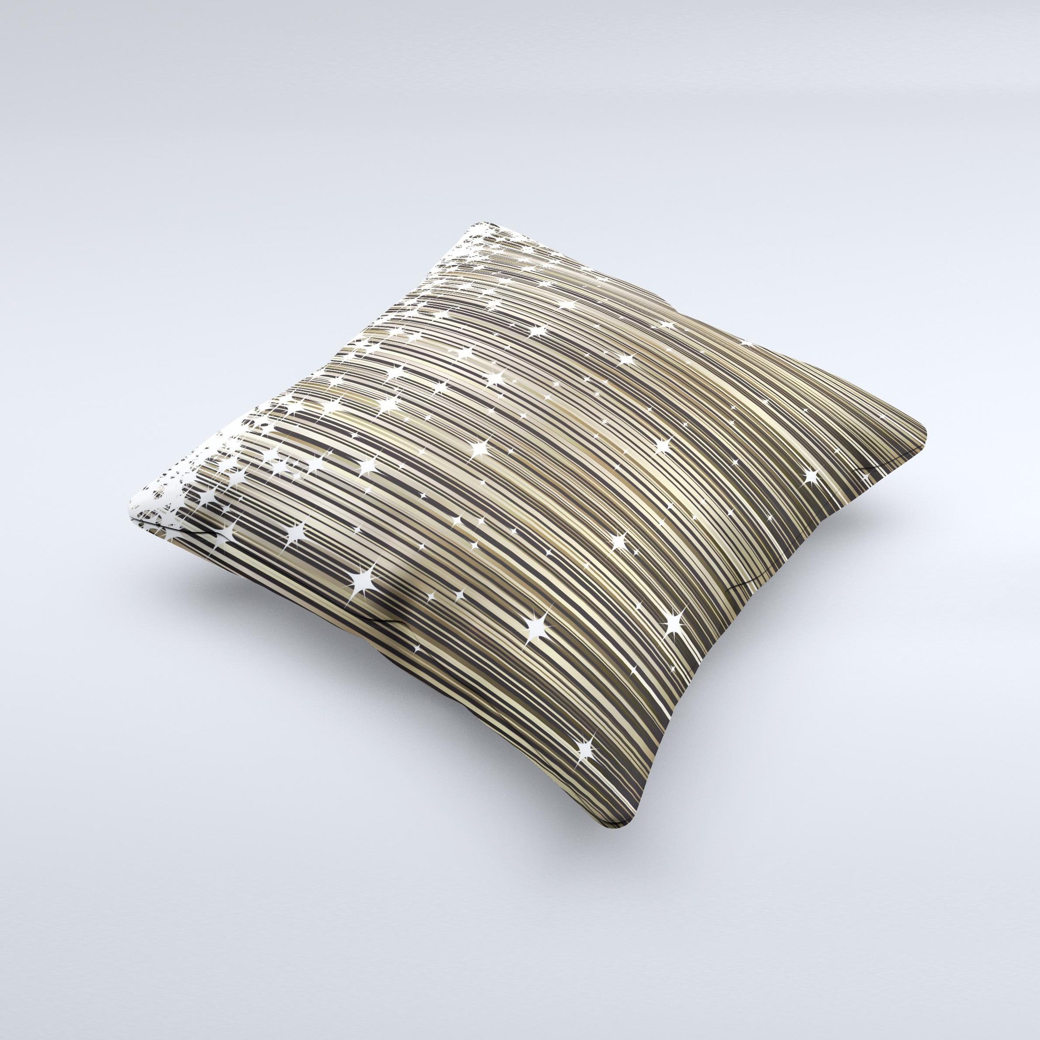 Gold and white decorative throw pillow with shimmer strips, handcrafted in Virginia, showcasing unique design and high-quality fabric.