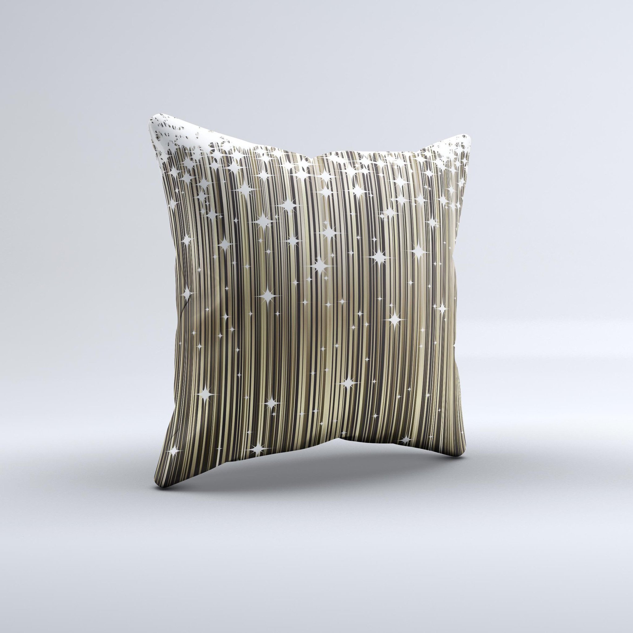 Gold and white decorative throw pillow with shimmer strips, handcrafted in Virginia, showcasing unique design and high-quality fabric.