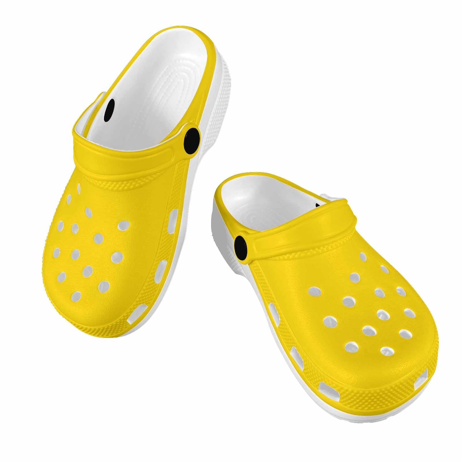 A pair of stylish gold yellow clogs designed for youth, featuring a slip-on design and cushioned sole for comfort.