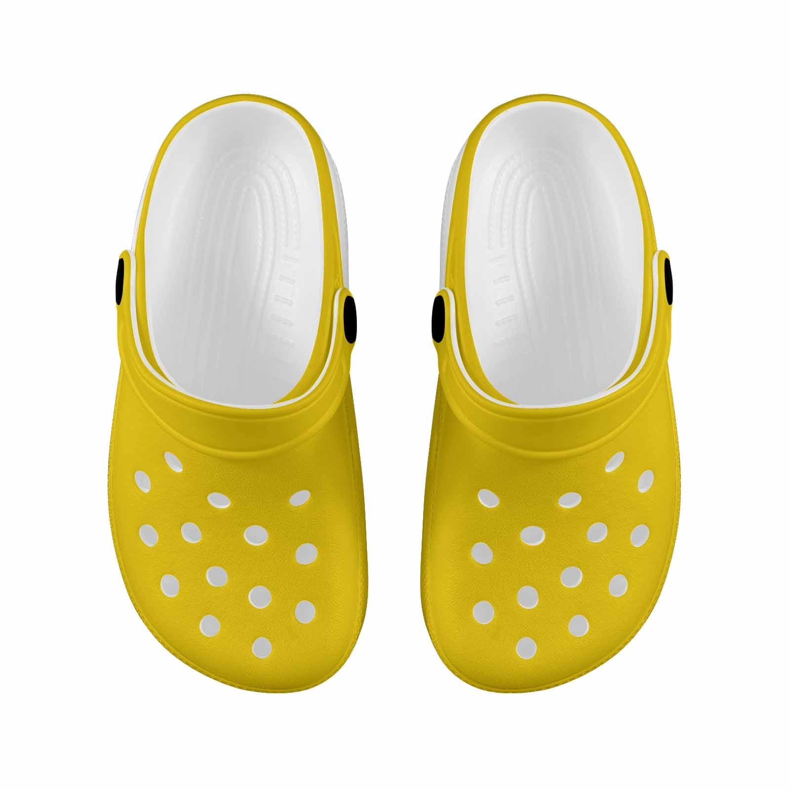 A pair of stylish gold yellow clogs designed for youth, featuring a slip-on design and cushioned sole for comfort.