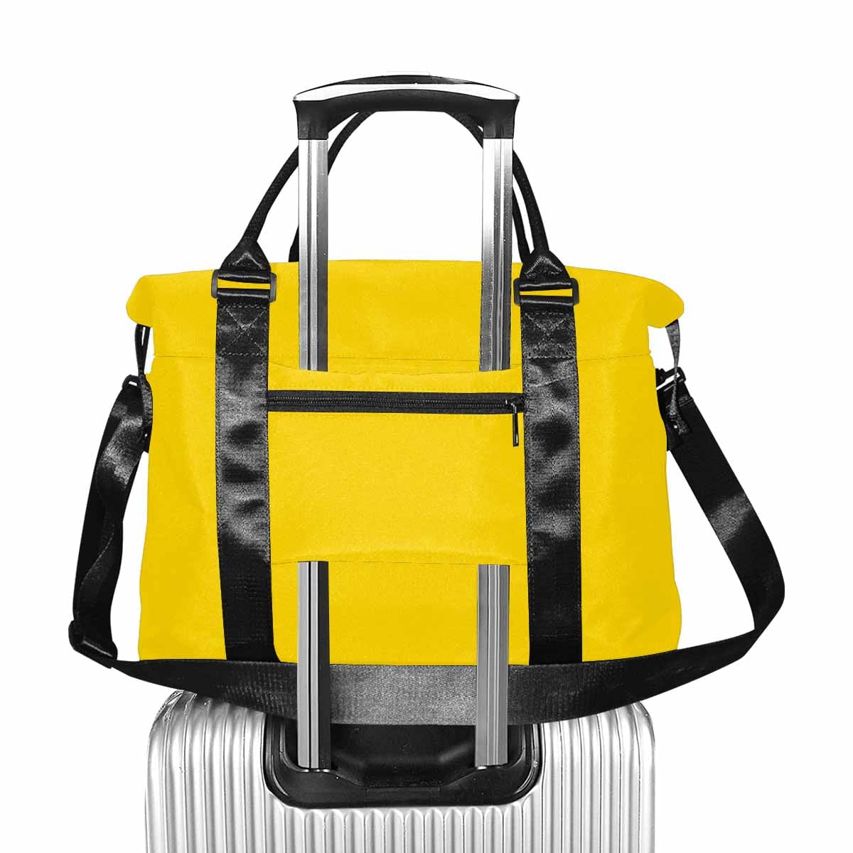 Gold yellow duffel bag made from durable oxford fabric, featuring handles and an adjustable strap, ideal for travel.