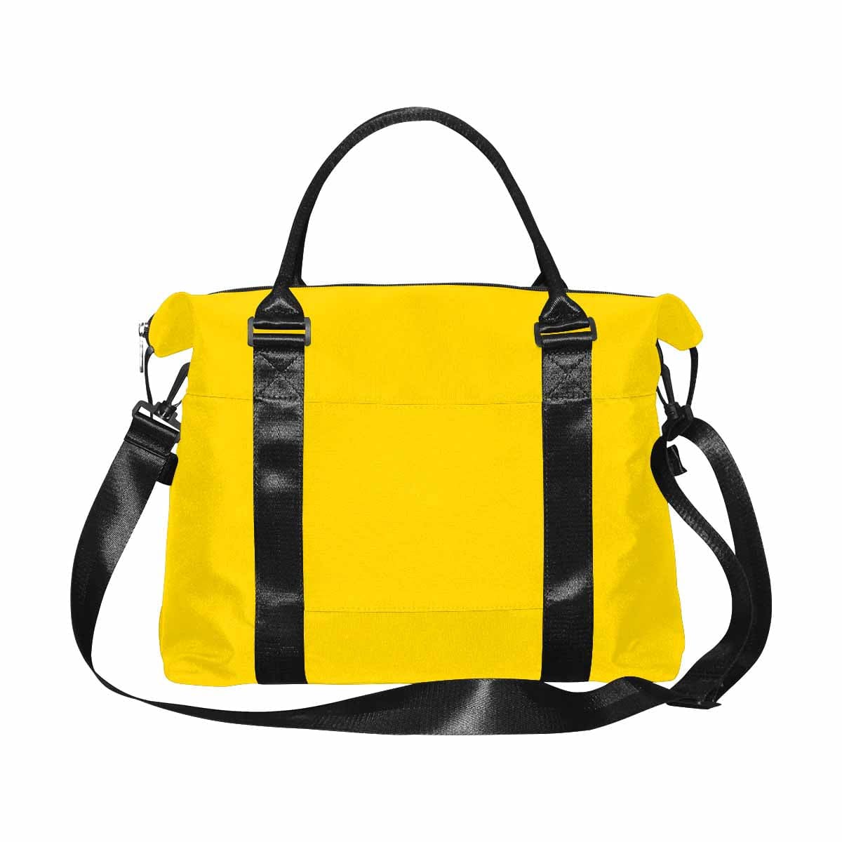 Gold yellow duffel bag made from durable oxford fabric, featuring handles and an adjustable strap, ideal for travel.