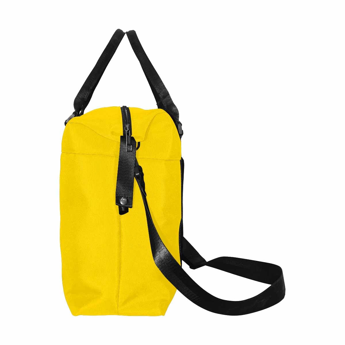 Gold yellow duffel bag made from durable oxford fabric, featuring handles and an adjustable strap, ideal for travel.