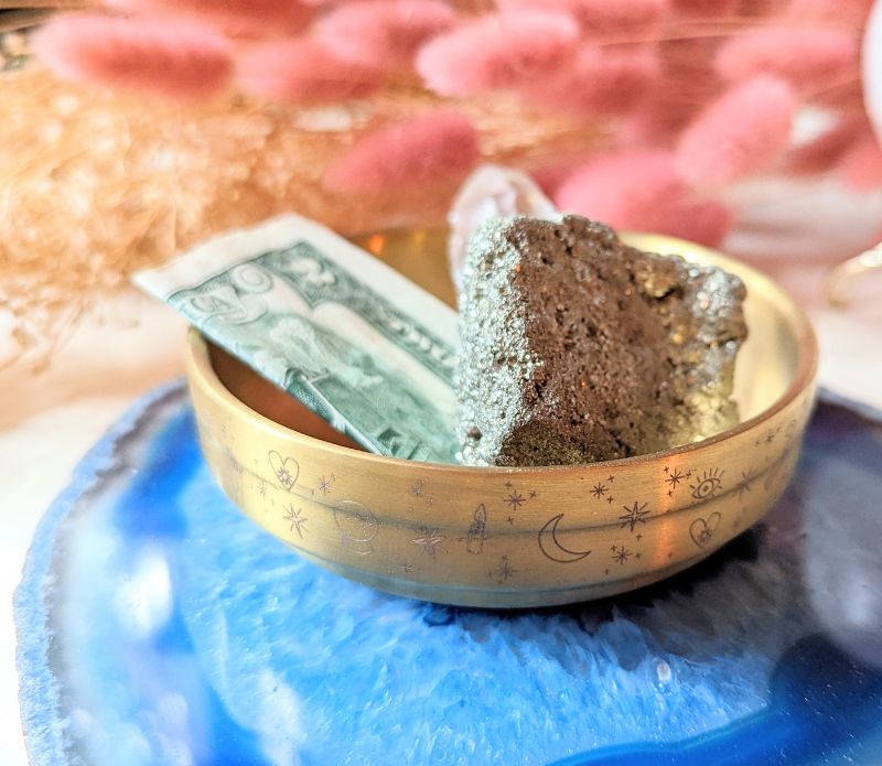 Golden Altar Bowl with magical symbols, perfect for rituals and holding crystals.