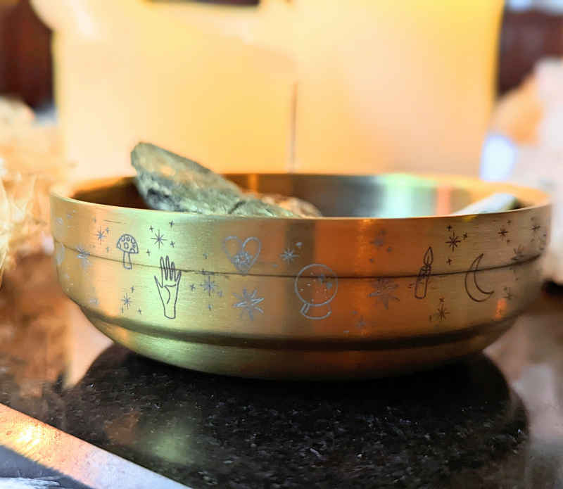 Golden Altar Bowl with magical symbols, perfect for rituals and holding crystals.