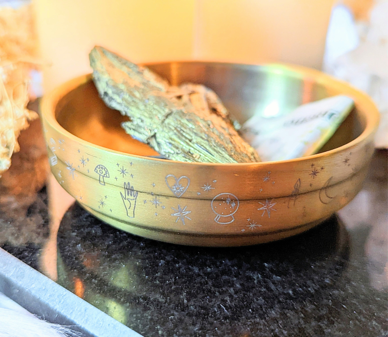 Golden Altar Bowl with magical symbols, perfect for rituals and holding crystals.