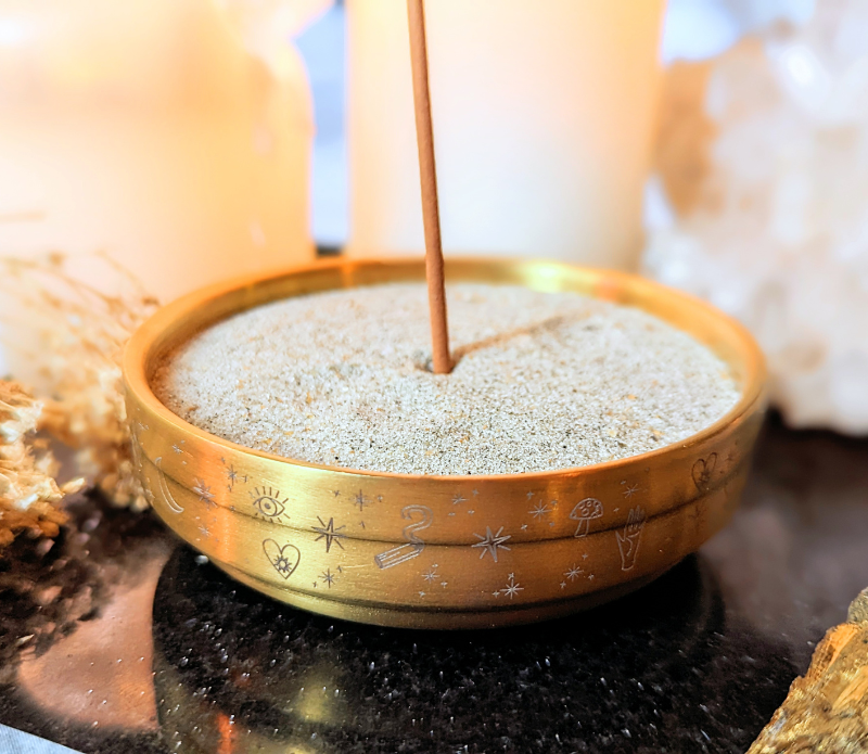 Golden Altar Bowl with magical symbols, perfect for rituals and holding crystals.