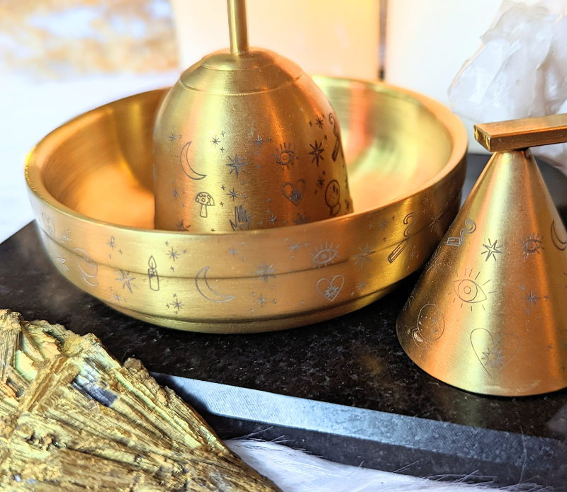 Golden Altar Bowl with magical symbols, perfect for rituals and holding crystals.