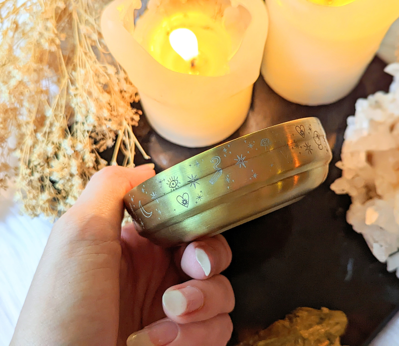 Golden Altar Bowl with magical symbols, perfect for rituals and holding crystals.