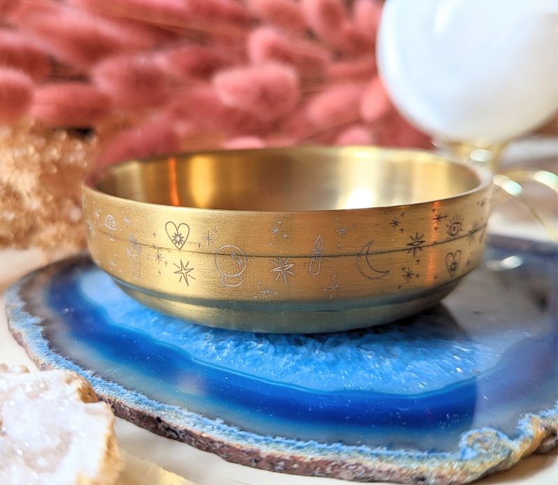 Golden Altar Bowl with magical symbols, perfect for rituals and holding crystals.