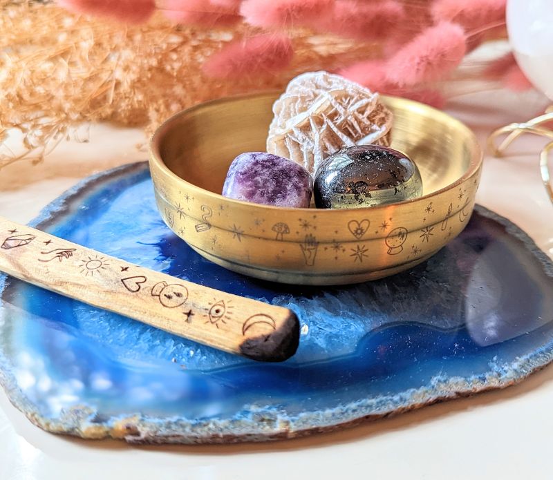 Golden Altar Bowl with magical symbols, perfect for rituals and holding crystals.