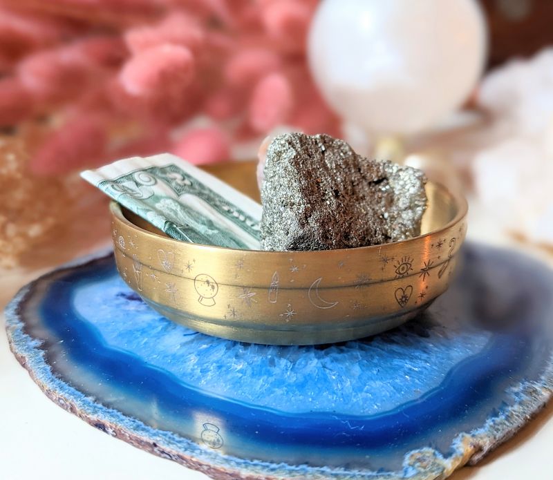 Golden Altar Bowl with magical symbols, perfect for rituals and holding crystals.