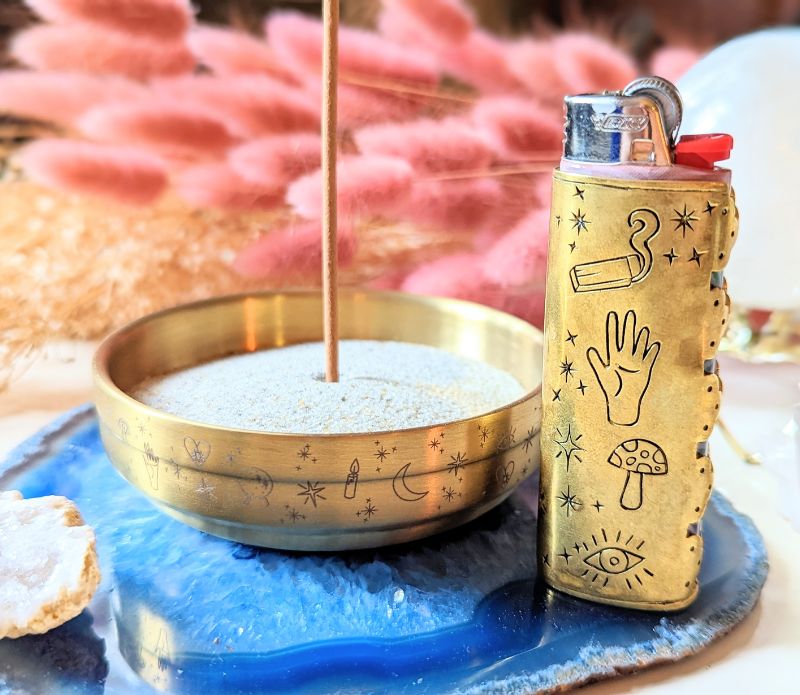 Golden Altar Bowl with magical symbols, perfect for rituals and holding crystals.