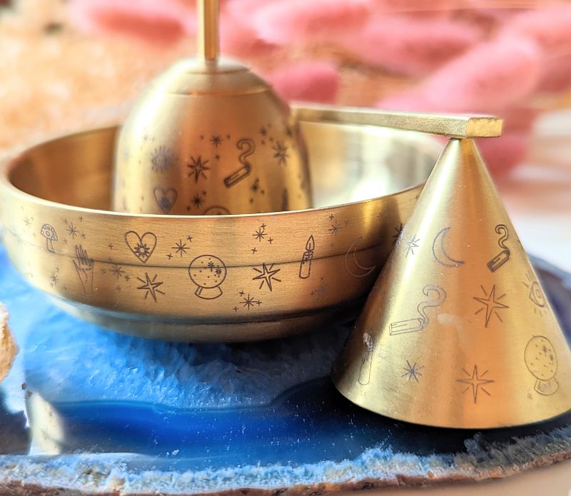 Golden Altar Bowl with magical symbols, perfect for rituals and holding crystals.