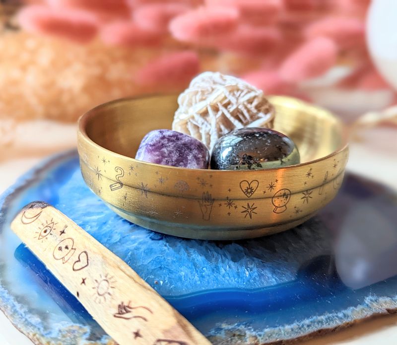 Golden Altar Bowl with magical symbols, perfect for rituals and holding crystals.