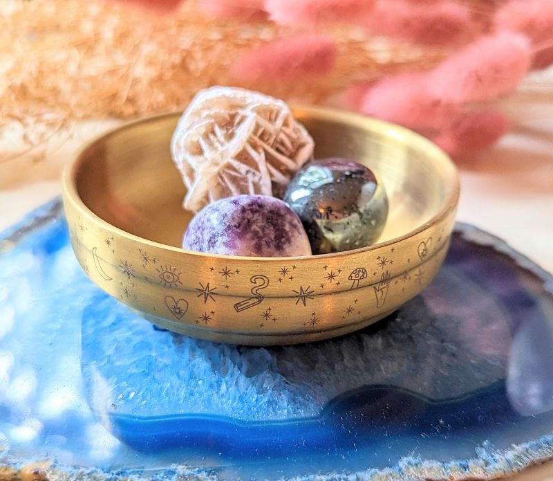 Golden Altar Bowl with magical symbols, perfect for rituals and holding crystals.