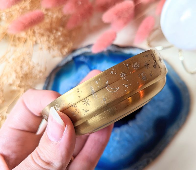 Golden Altar Bowl with magical symbols, perfect for rituals and holding crystals.