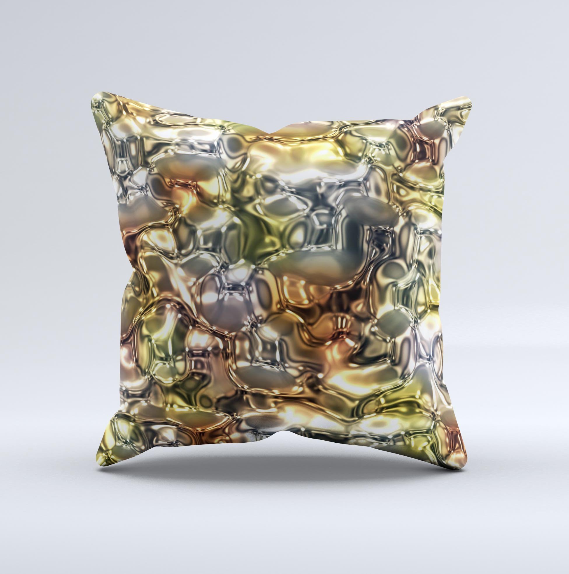 Golden and yellow decorative throw pillow with unique ink-fuzed design, handcrafted in Virginia, showcasing high-quality fabric and filling.