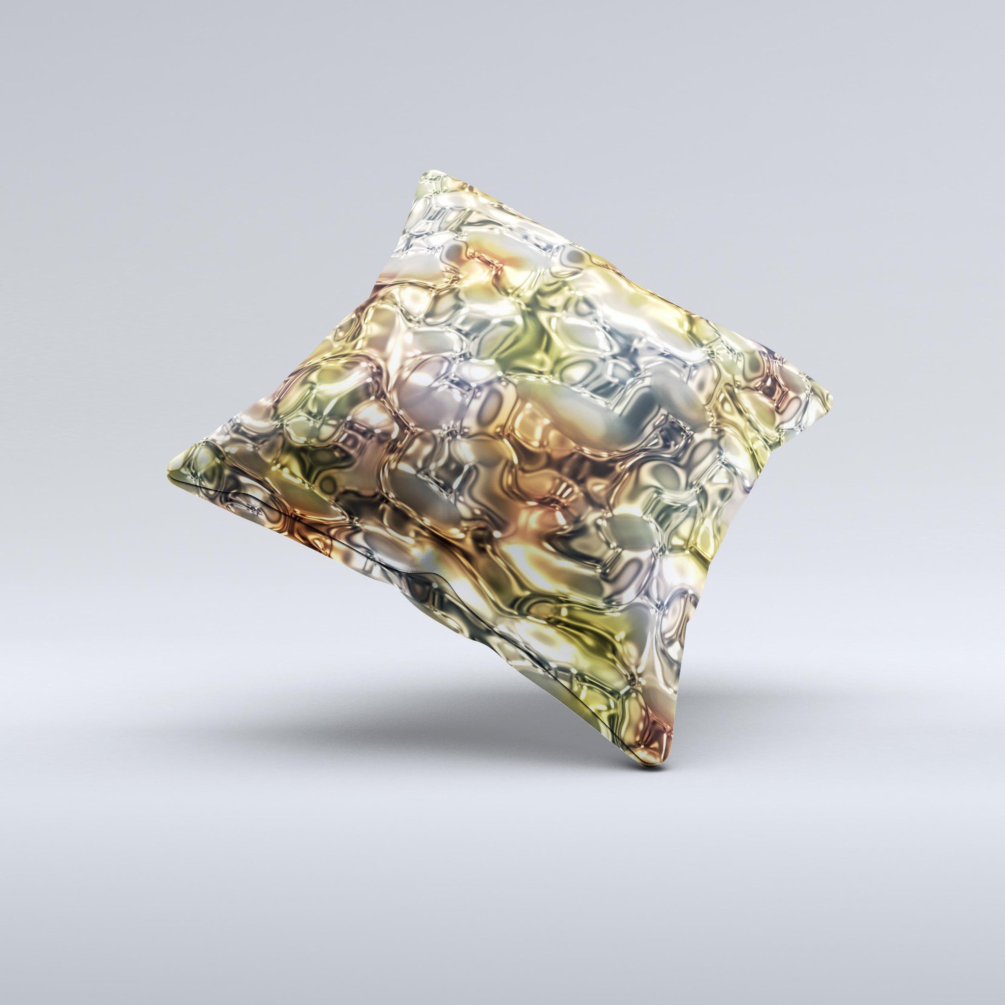 Golden and yellow decorative throw pillow with unique ink-fuzed design, handcrafted in Virginia, showcasing high-quality fabric and filling.