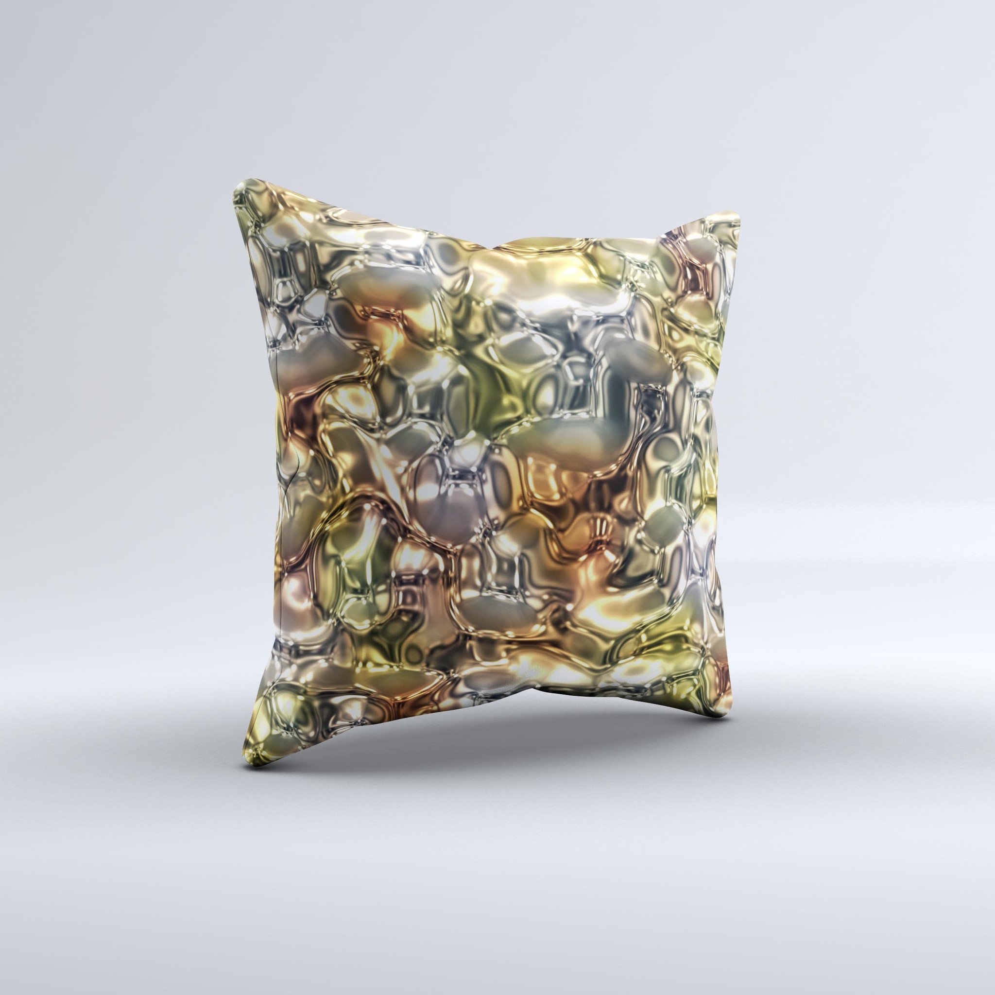 Golden and yellow decorative throw pillow with unique ink-fuzed design, handcrafted in Virginia, showcasing high-quality fabric and filling.