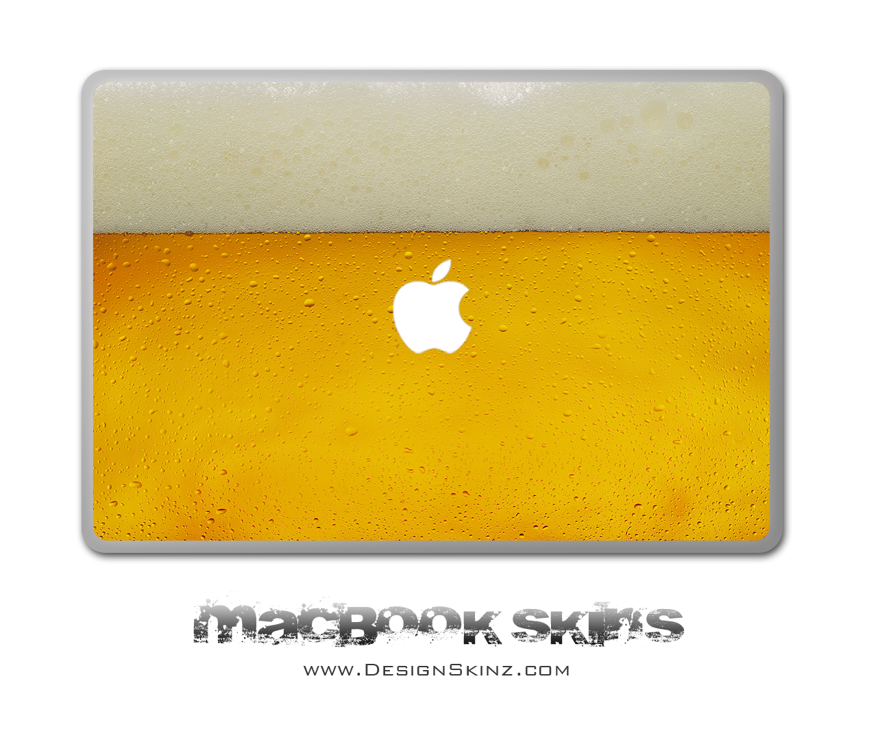 Golden Beer MacBook Skin featuring a stylish design with Apple logo cutout, available for various MacBook sizes.