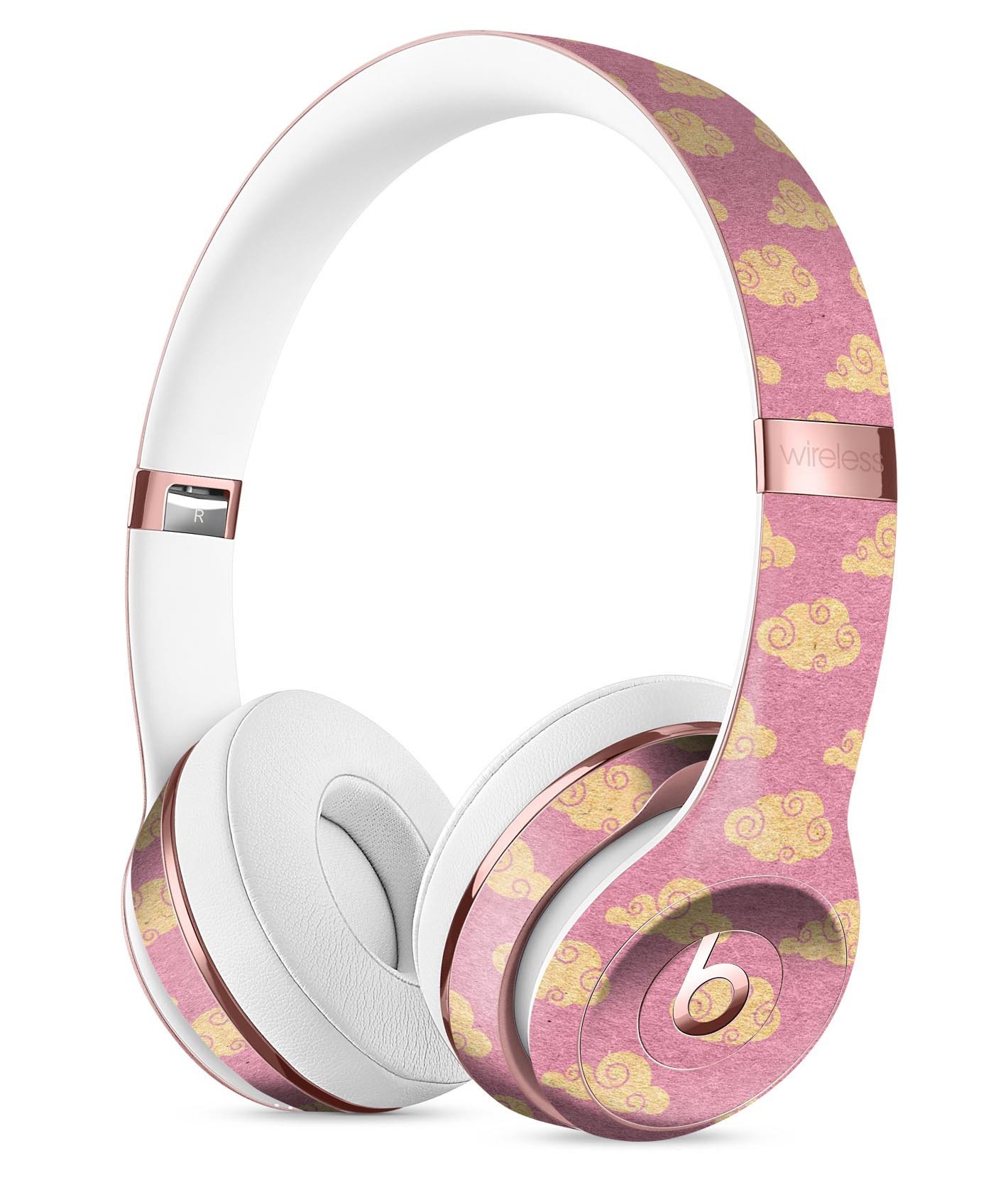 Golden Cartoon Clouds Skin Kit for Beats by Dre Solo 3 Wireless Headphones, featuring a playful design on a pink background.