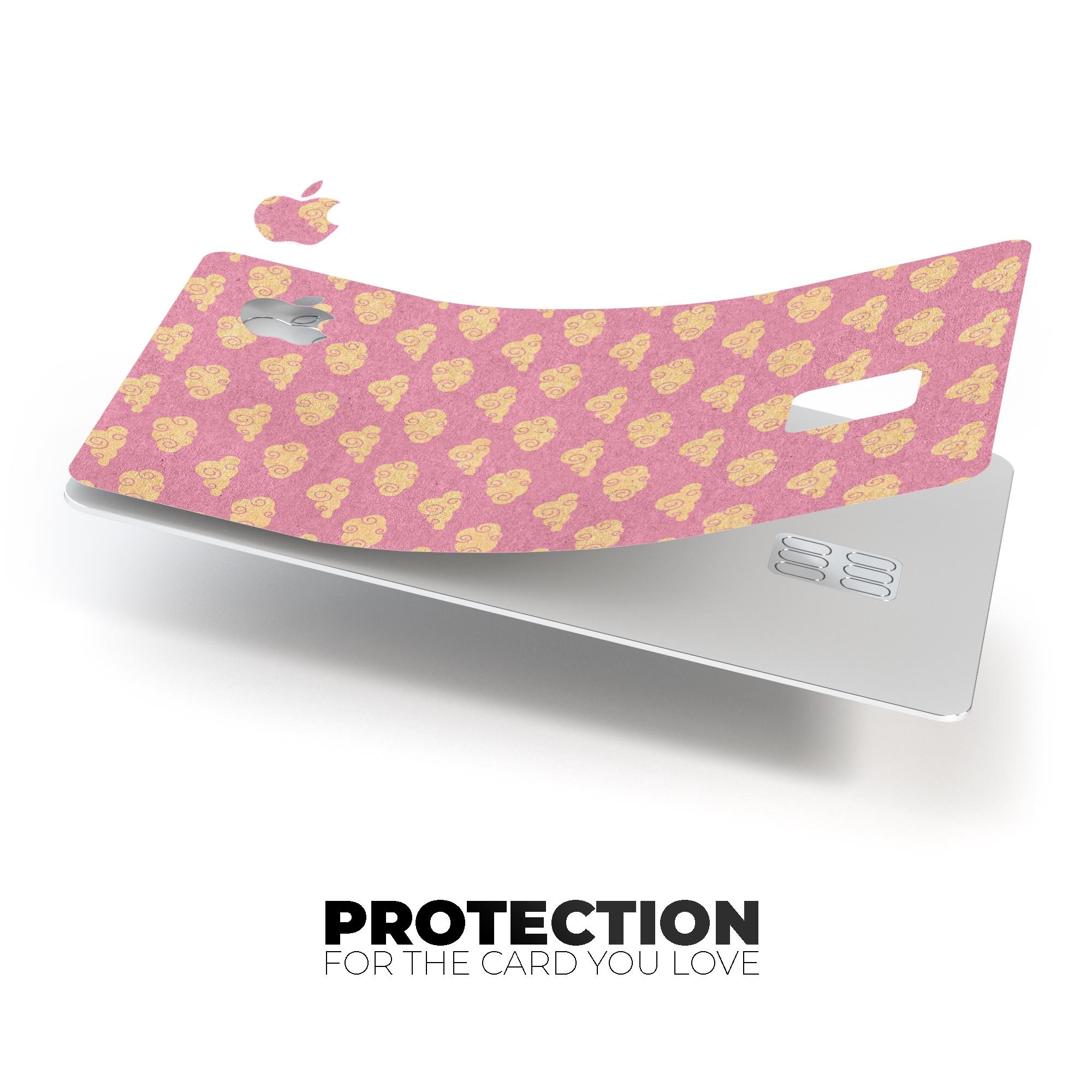 Golden Cartoon Clouds design on a pink background, showcasing a premium protective decal skin for Apple Card.