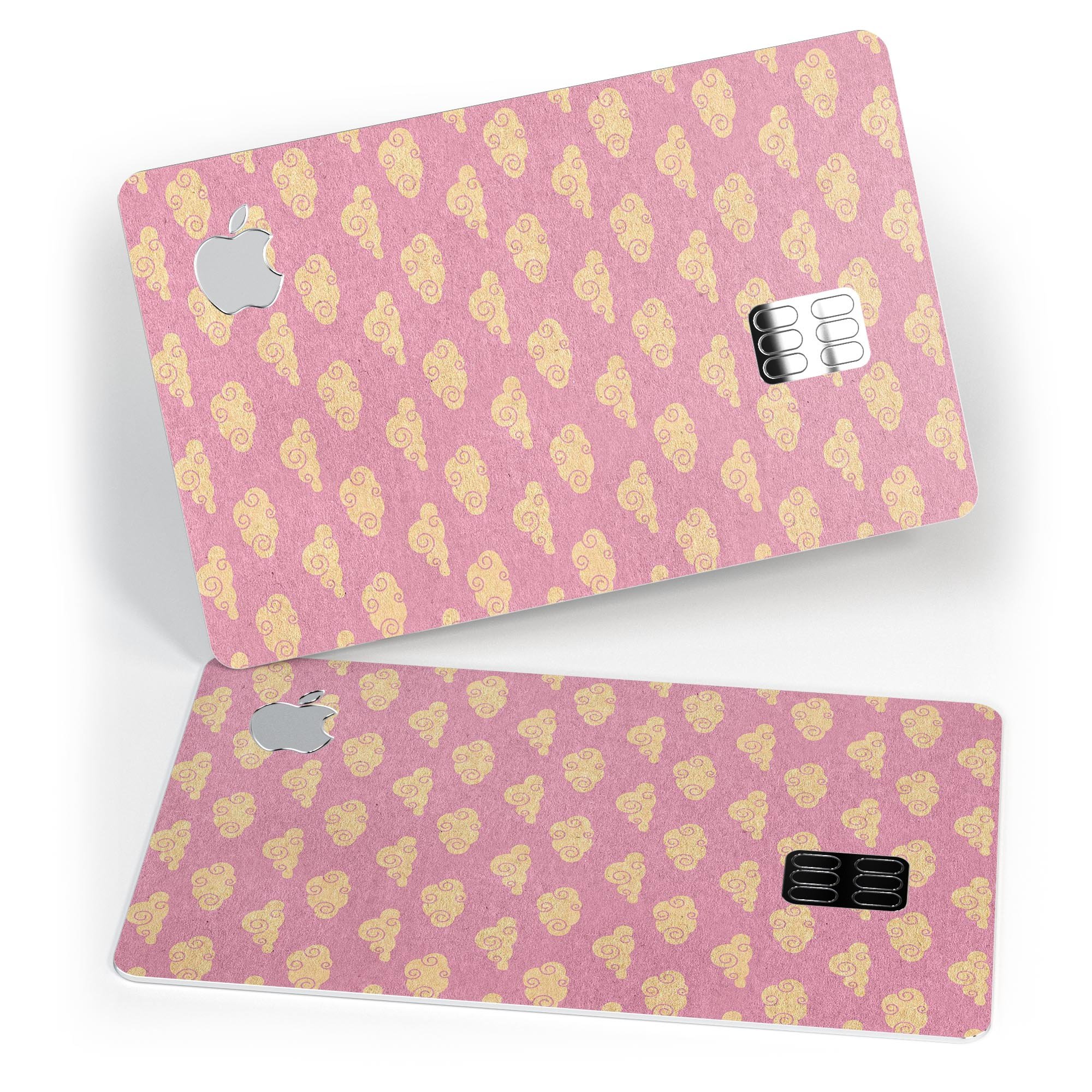 Golden Cartoon Clouds design on a pink background, showcasing a premium protective decal skin for Apple Card.