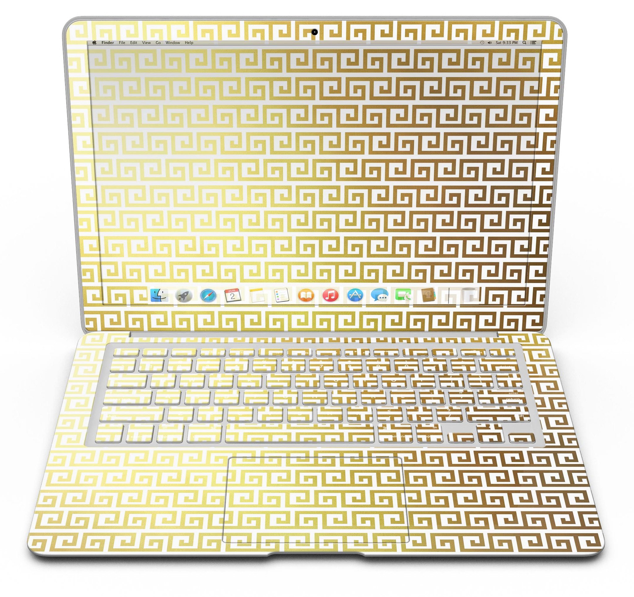 Golden Greek Pattern MacBook Air Skin Kit showcasing intricate design and premium vinyl material.