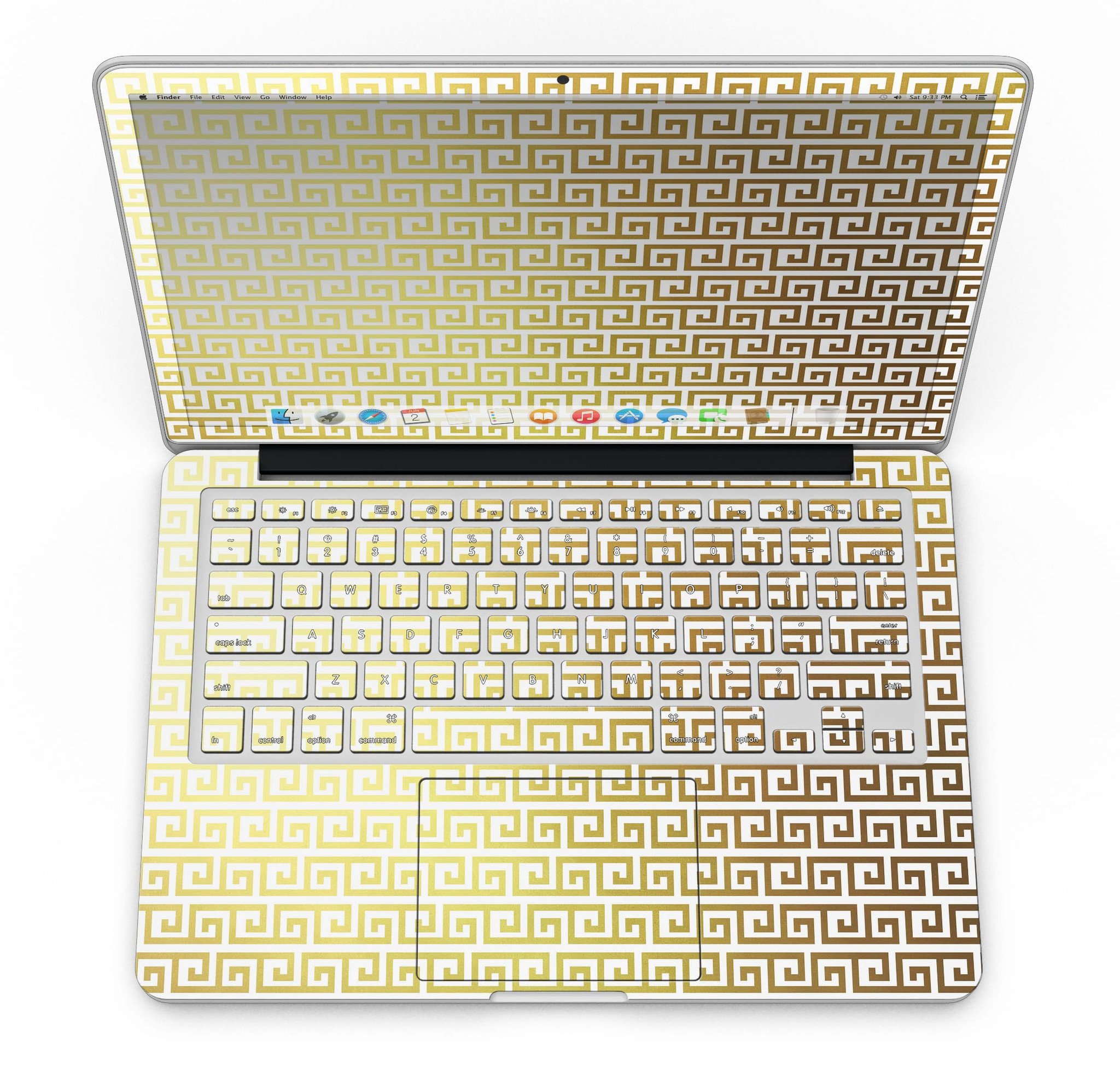 Golden Greek Pattern skin for MacBook Pro with Retina Display, showcasing a stylish design that offers full coverage and protection.