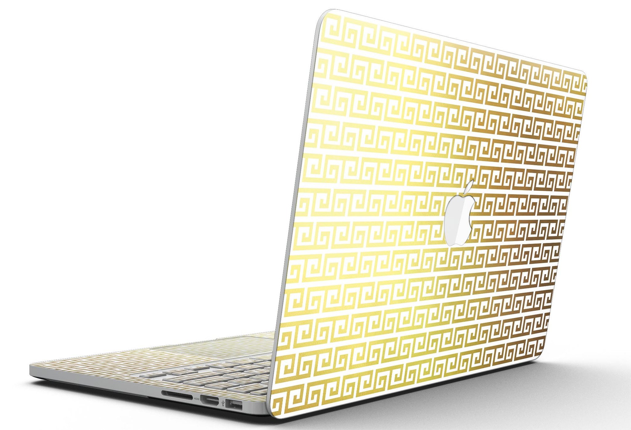 Golden Greek Pattern skin for MacBook Pro with Retina Display, showcasing a stylish design that offers full coverage and protection.