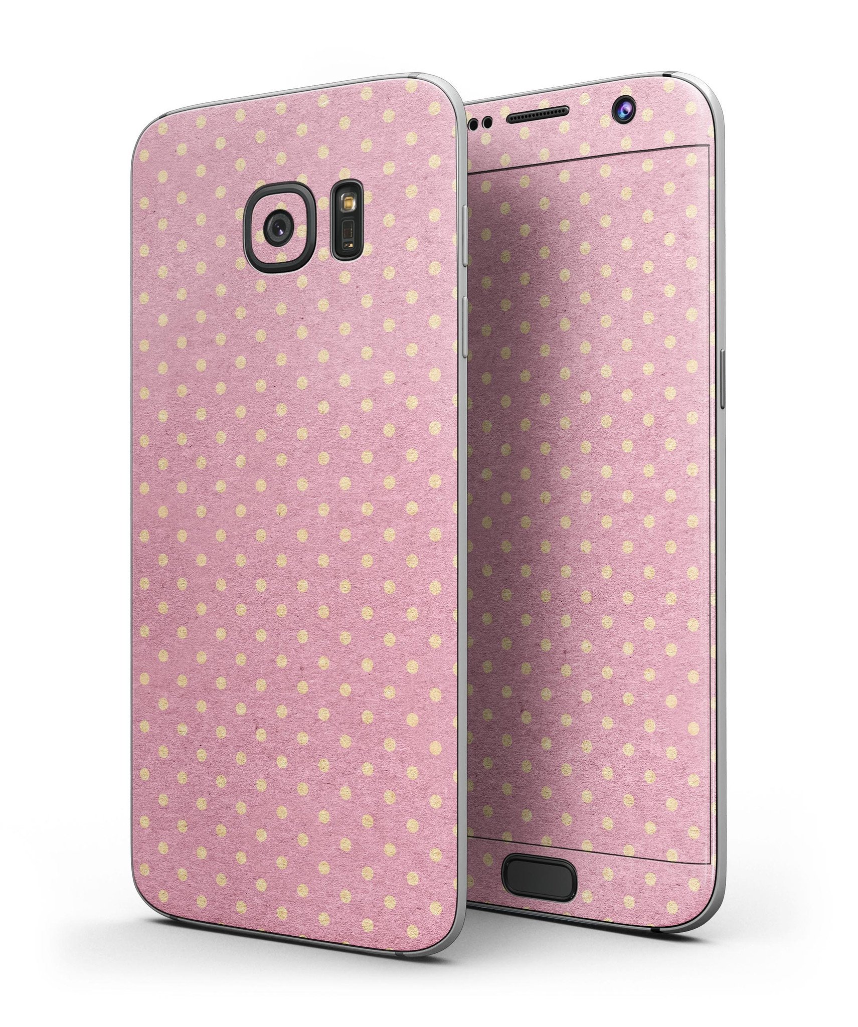 Golden Micro Dots Skin-Kit for Samsung Galaxy S7/S7 Edge, showcasing a stylish pink background with golden dot patterns.