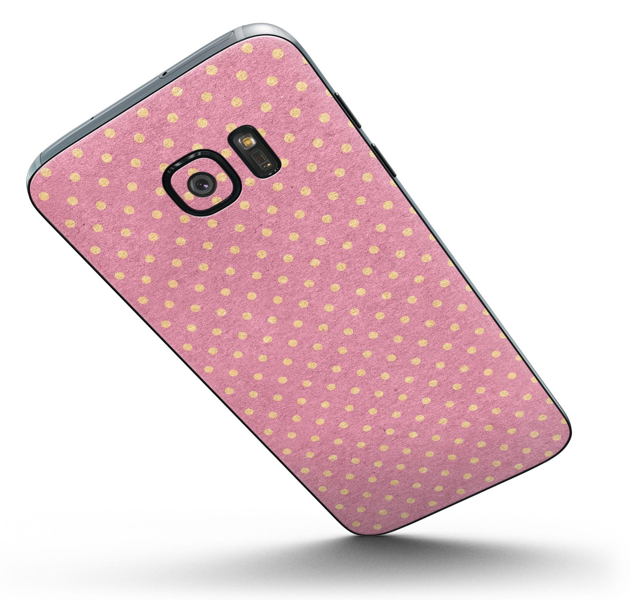 Golden Micro Dots Skin-Kit for Samsung Galaxy S7/S7 Edge, showcasing a stylish pink background with golden dot patterns.