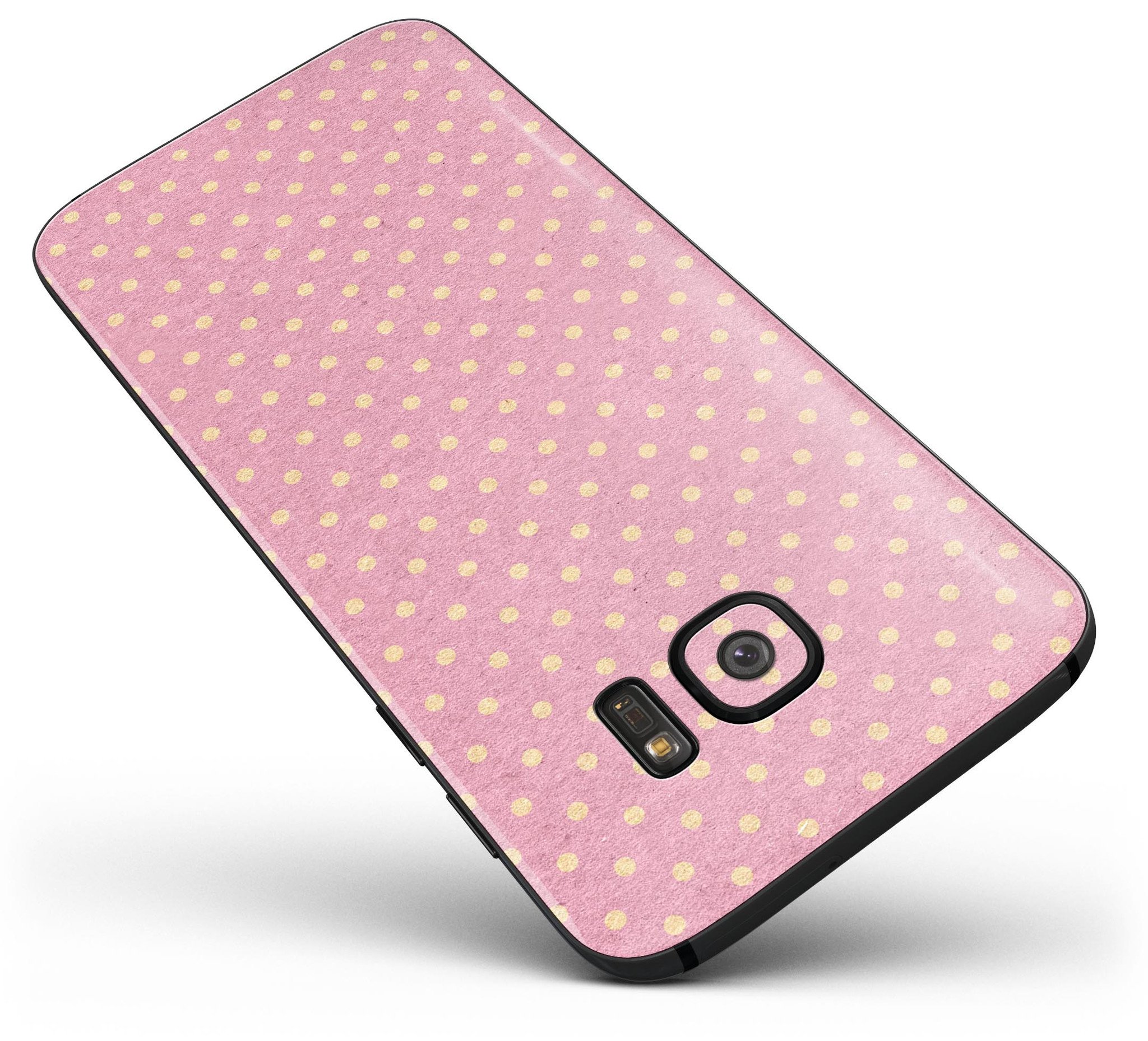 Golden Micro Dots Skin-Kit for Samsung Galaxy S7/S7 Edge, showcasing a stylish pink background with golden dot patterns.