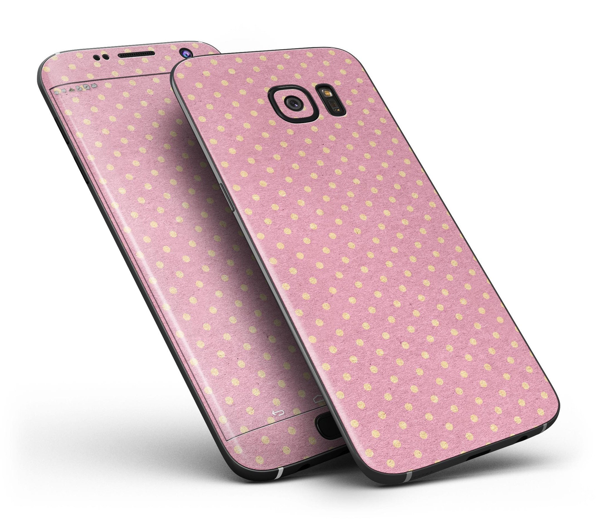 Golden Micro Dots Skin-Kit for Samsung Galaxy S7/S7 Edge, showcasing a stylish pink background with golden dot patterns.