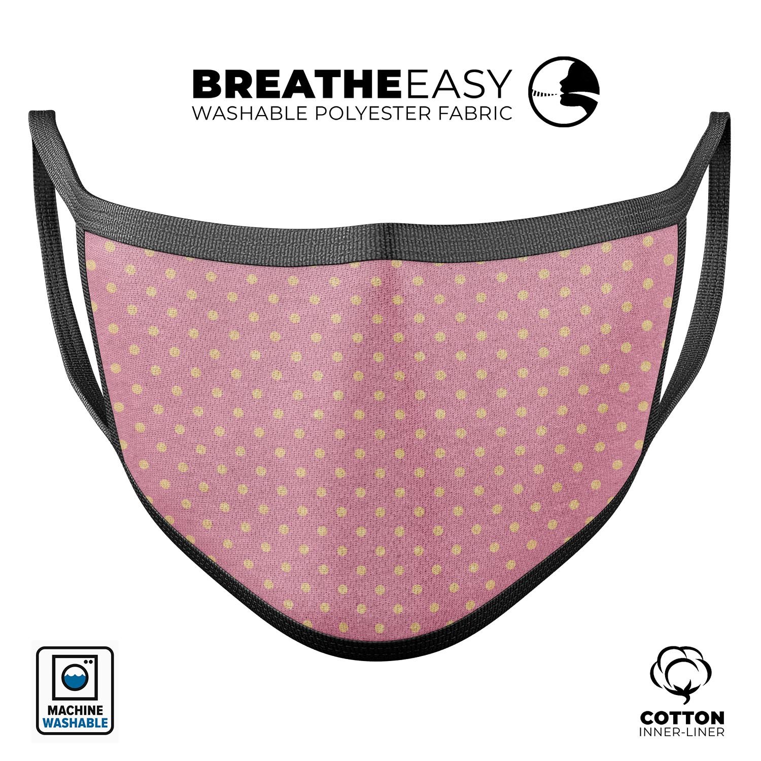 Golden Micro Dots Over Pink mouth cover, featuring a stylish design with micro dots on a pink background, made in the USA.