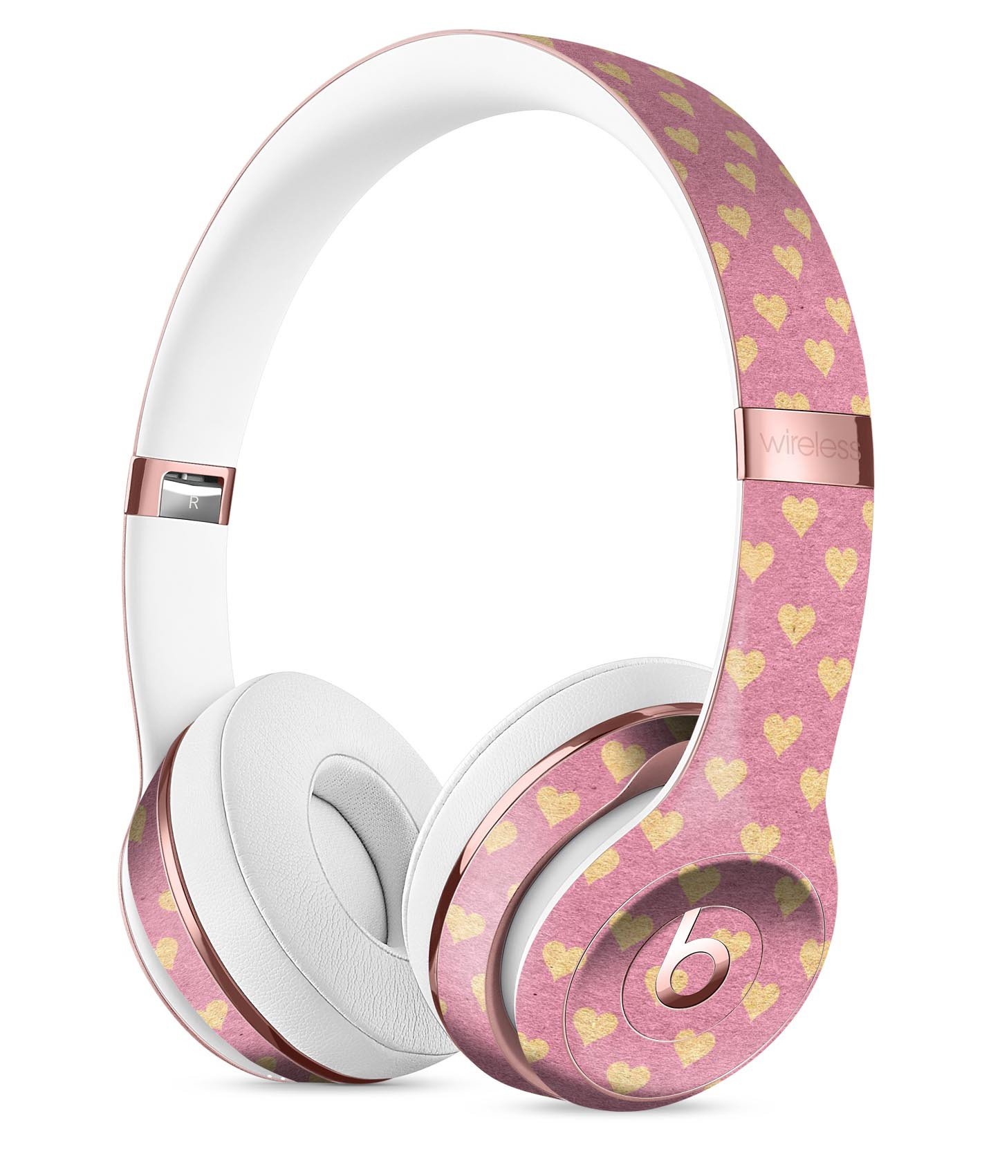 Golden Micro Hearts Skin Kit for Beats by Dre Solo 3 Wireless Headphones, featuring a pink background and stylish heart design.