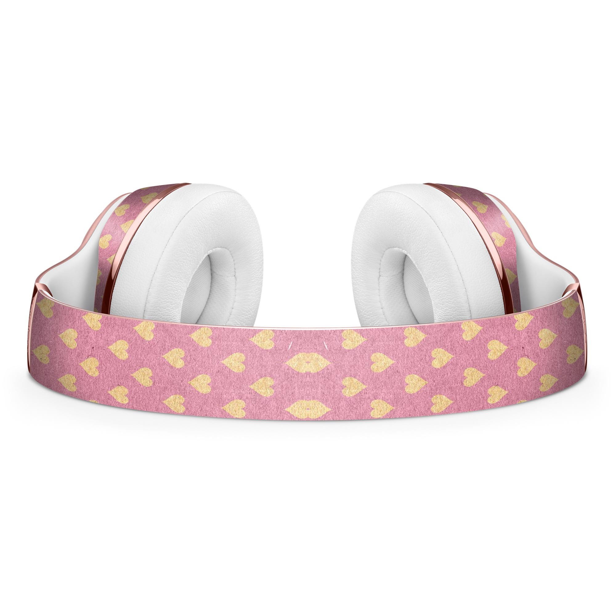 Golden Micro Hearts Skin Kit for Beats by Dre Solo 3 Wireless Headphones, featuring a pink background and stylish heart design.