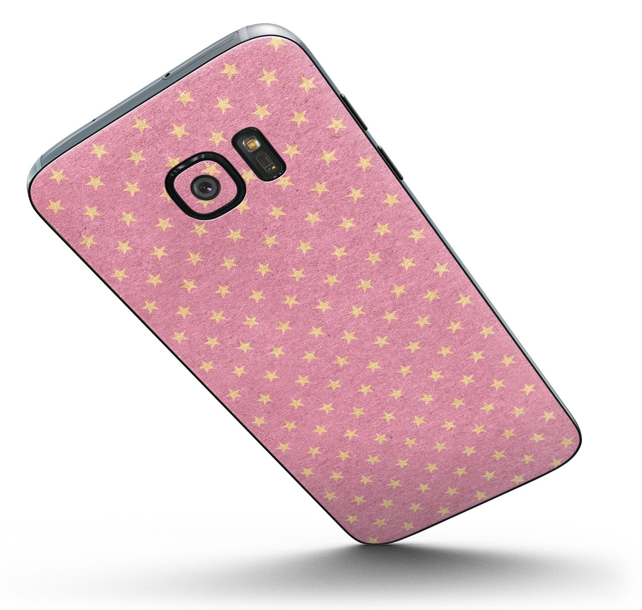 Golden Micro Stars skin kit for Samsung Galaxy S7/S7 Edge, featuring a stylish pink background with golden star patterns.