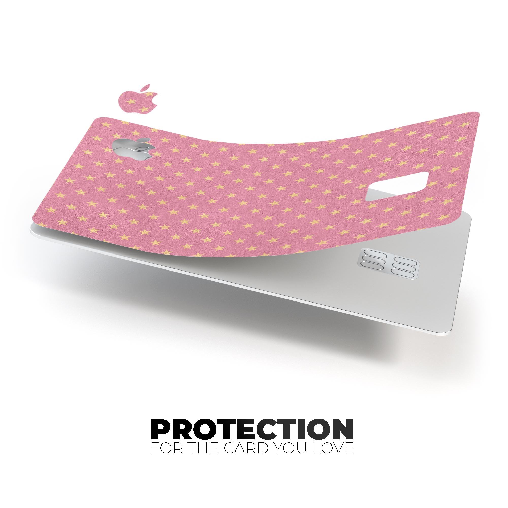 Golden Micro Stars skin kit for Apple Card, featuring a pink background and premium vinyl material for protection.