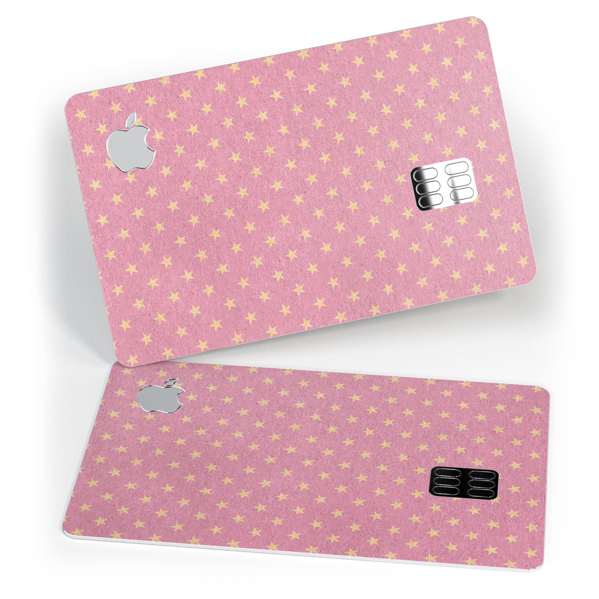 Golden Micro Stars skin kit for Apple Card, featuring a pink background and premium vinyl material for protection.